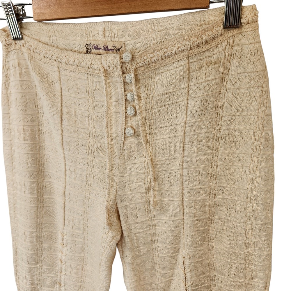 White Llama Sz Small Crocheted Handcrafted Knit Flare Pants Lace-Up Boho Hippie - Picture 3 of 12